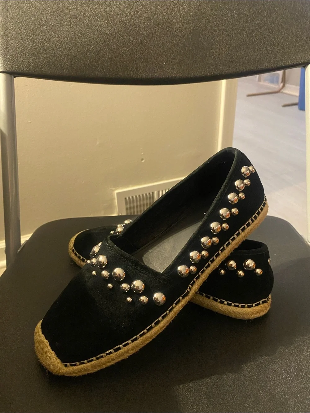 B Brian Atwood Eli black suade Espadrilles flats shoes w/studs 8.5
